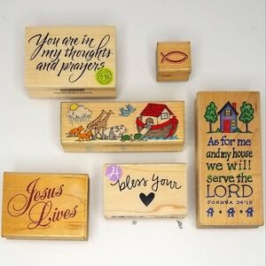 Religious Themed Vintage Wooden Rubber Stamps Lot- Noah's Ark- Religious Quotes